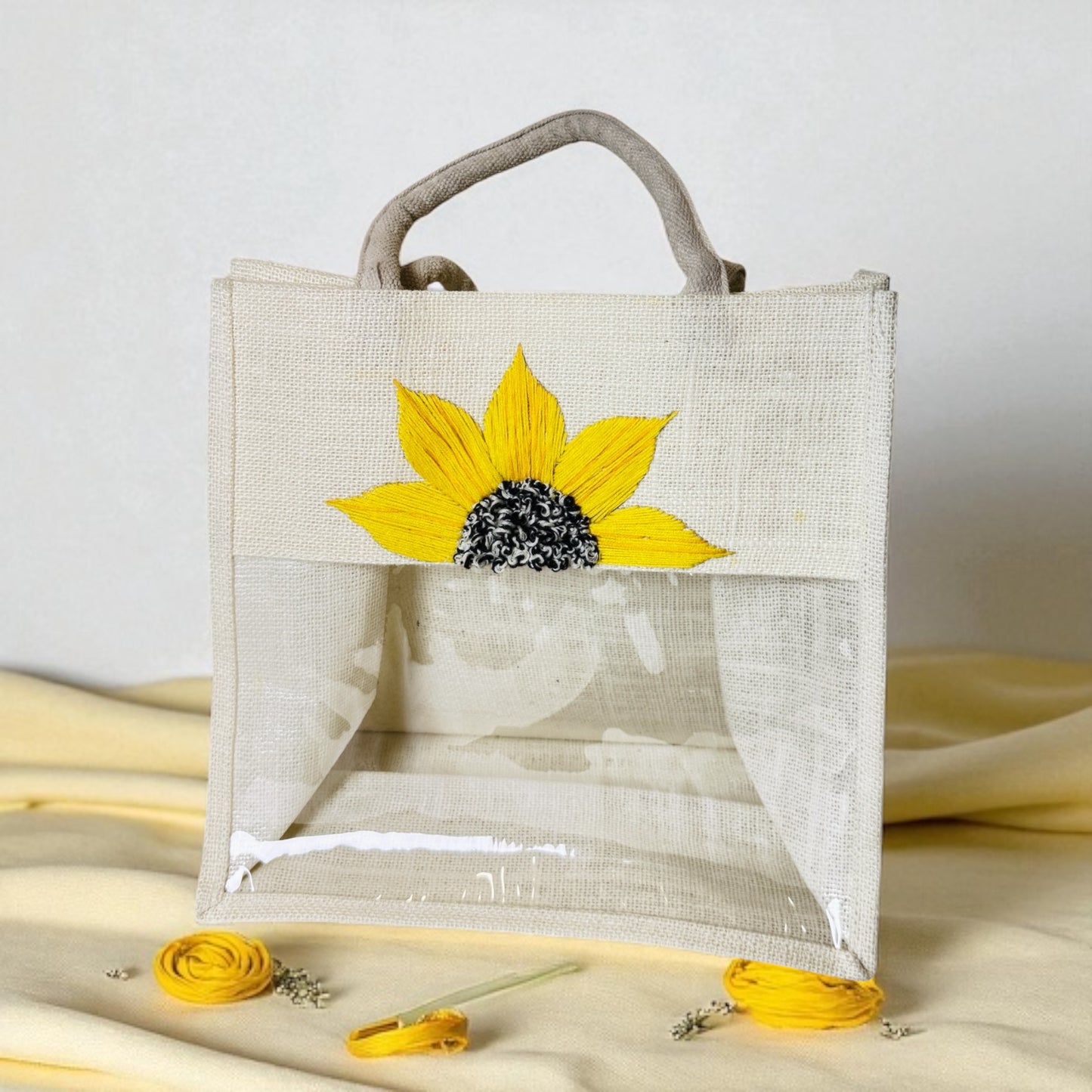 Embroidered Sunflower Jute Bag