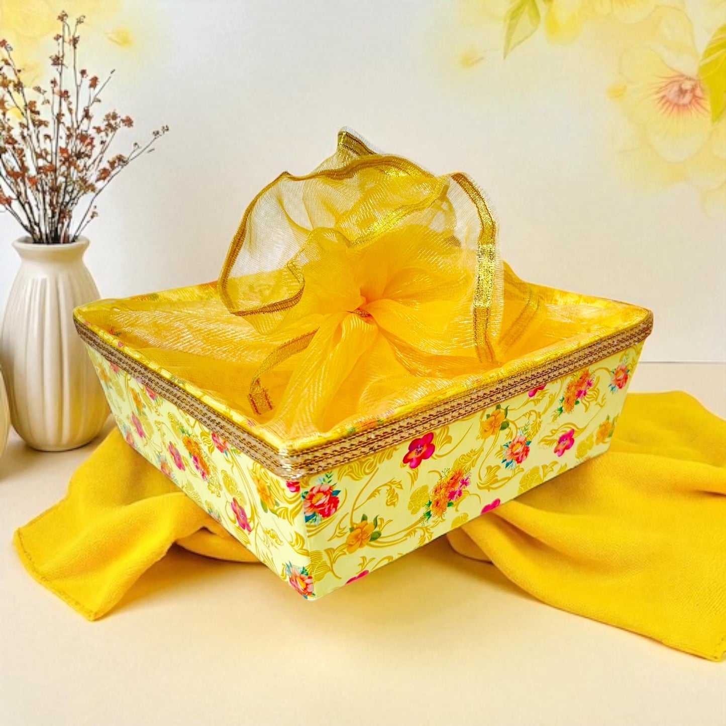 Floral Peacock Square Cardboard Basket with net (Pack of 100)
