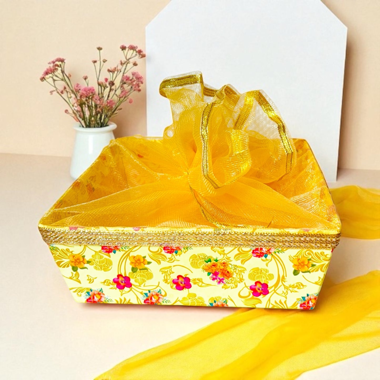 Floral Peacock Square Cardboard Basket with net (Pack of 100)