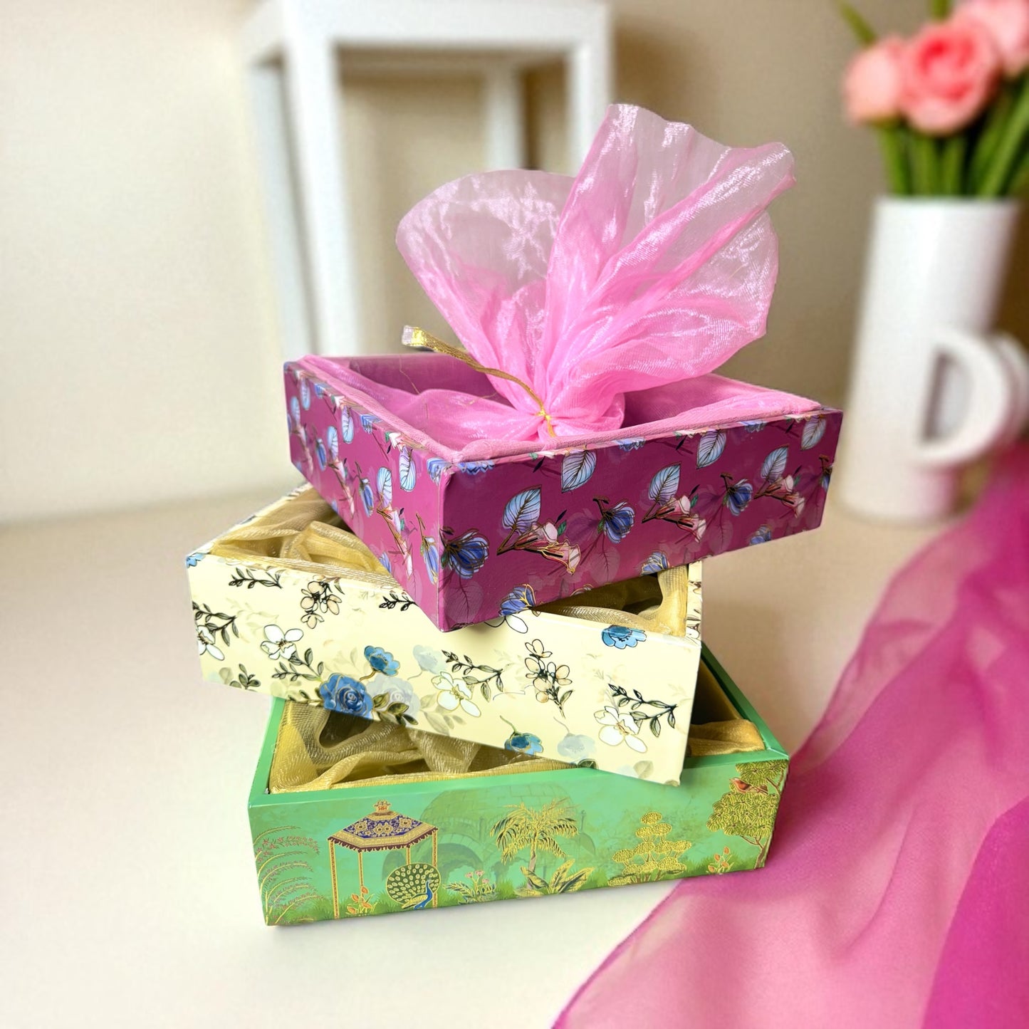 Floral MDF Tray Square with net (Pack Of 10)