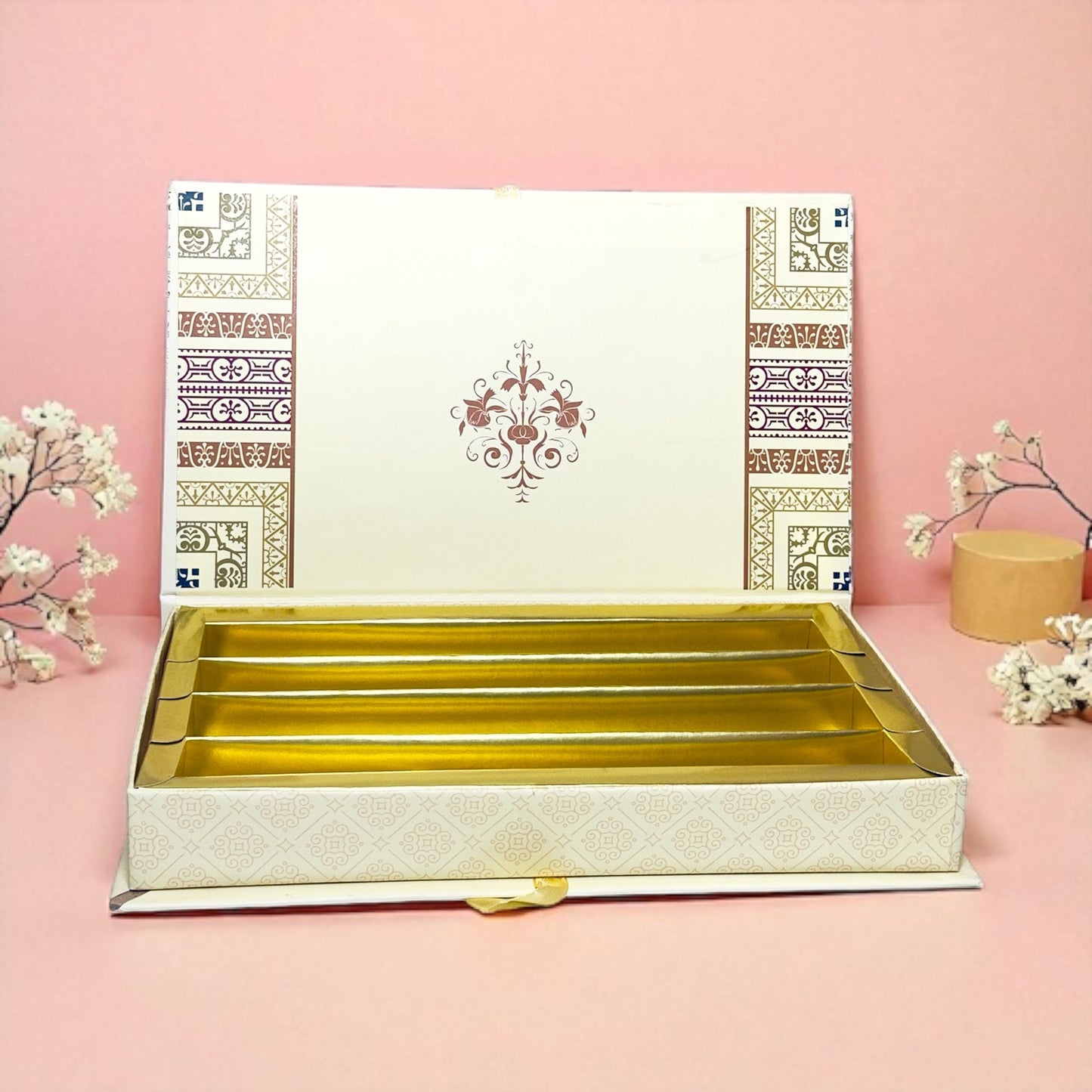 Cream Pattern File Sweet Box with bag (Pack of 10)
