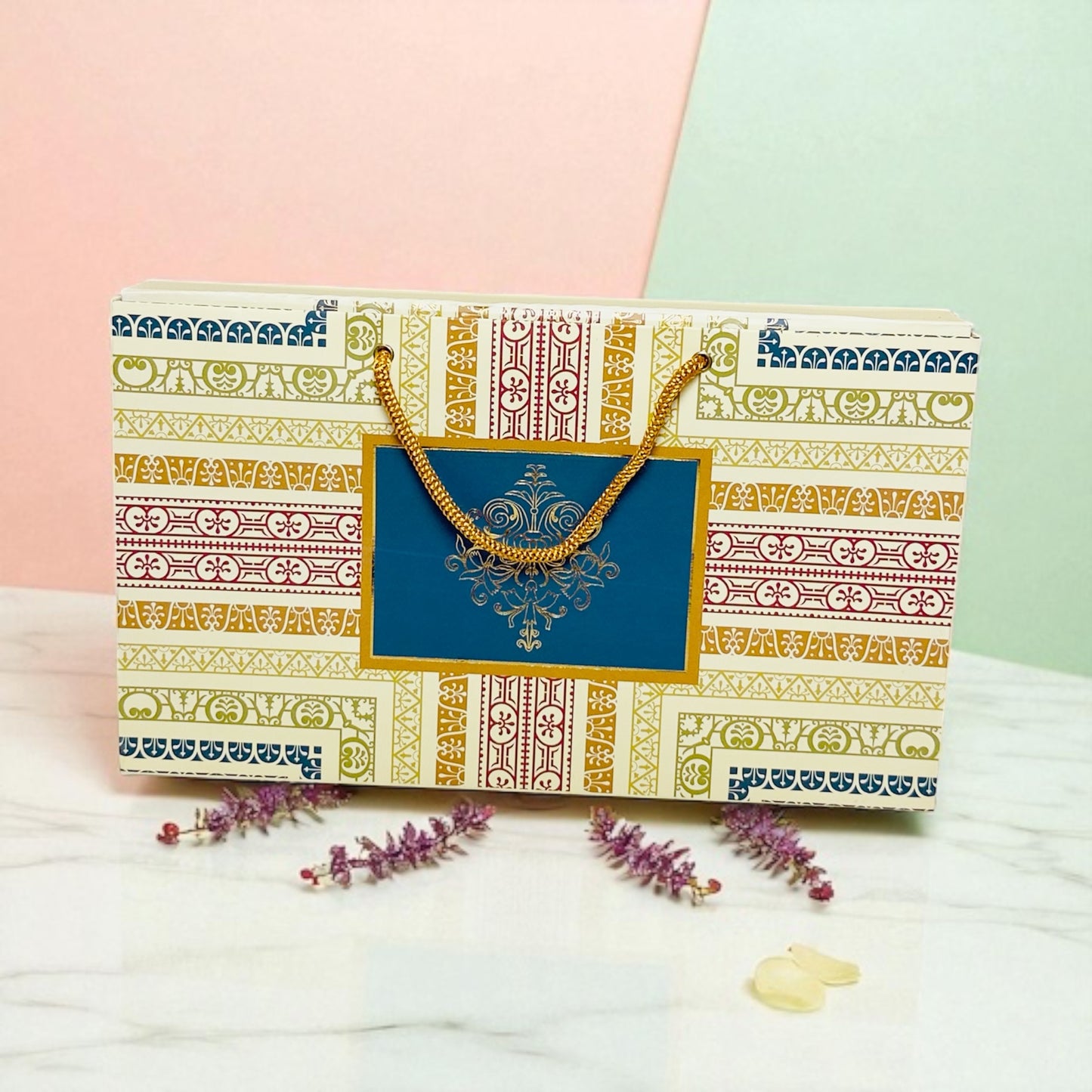 Cream Pattern File Sweet Box with bag (Pack of 10)