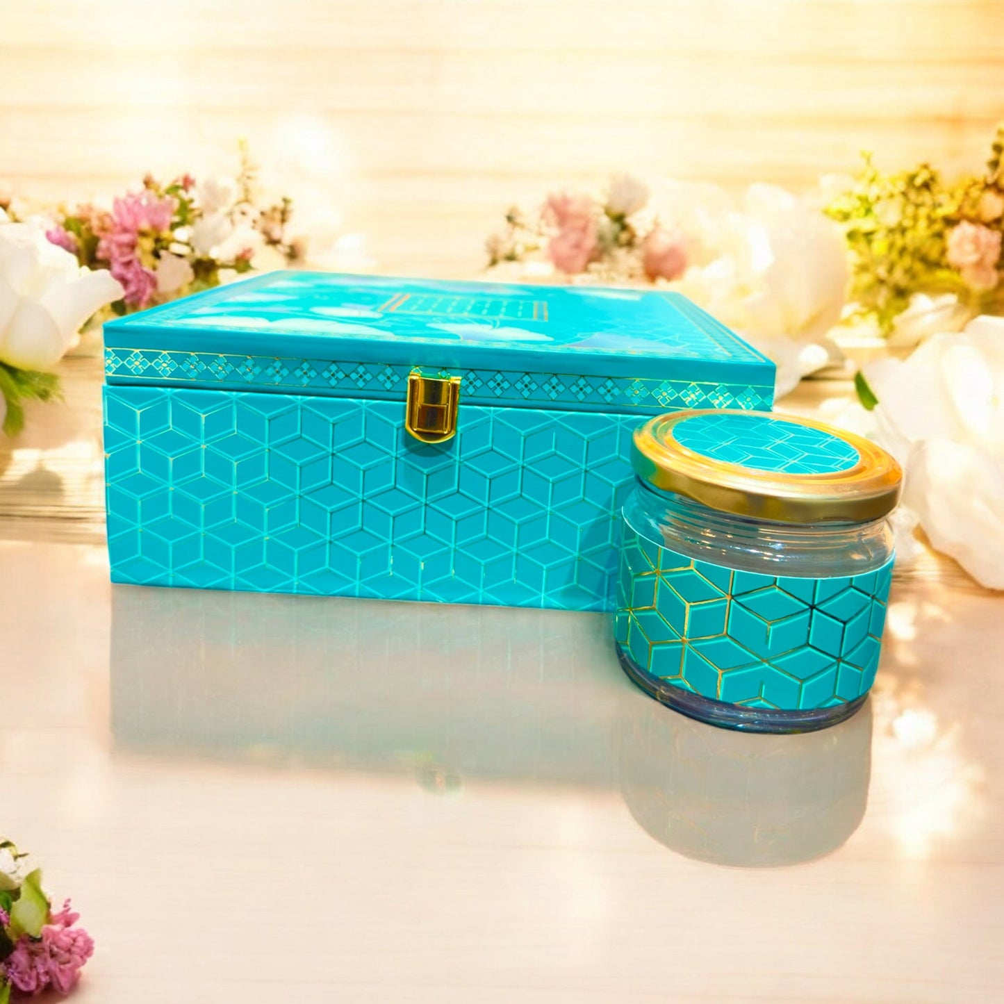Turquoise Floral 4 Jar box(With Bag)