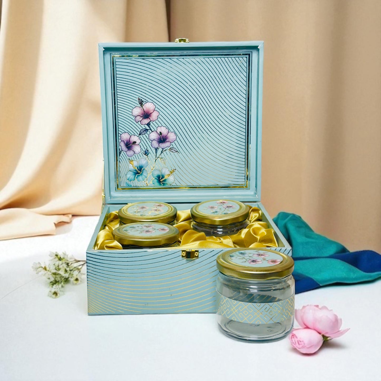 Turquoise Floral 4 Jar box(With Bag)