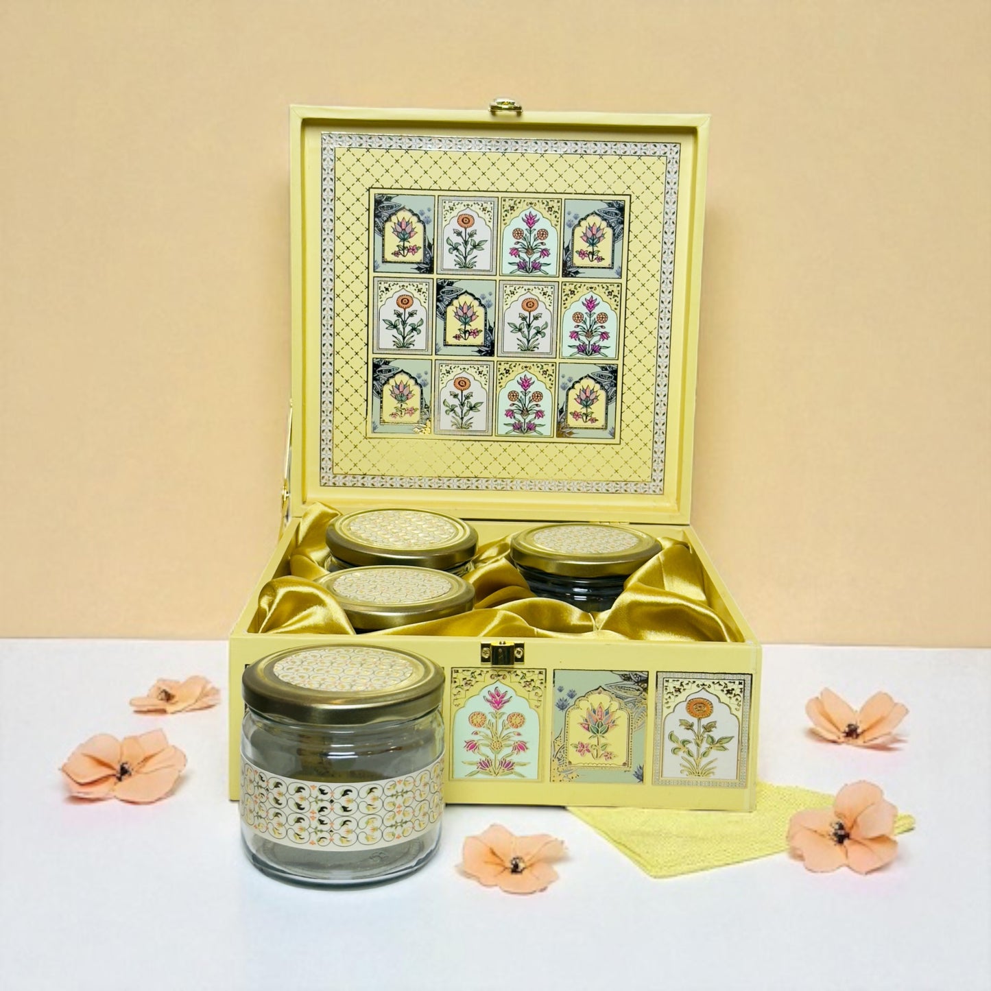 Yellow floral 4 Jar box(With Bag)