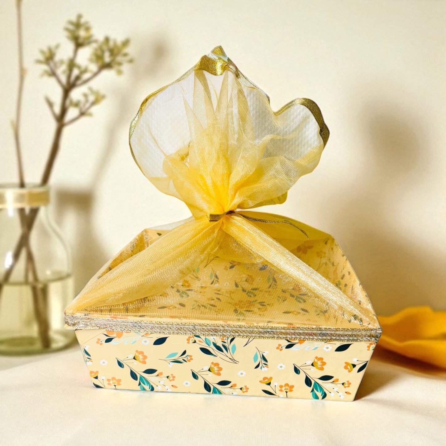 Orange Floral Square Cardboard Basket with net (Pack of 100)