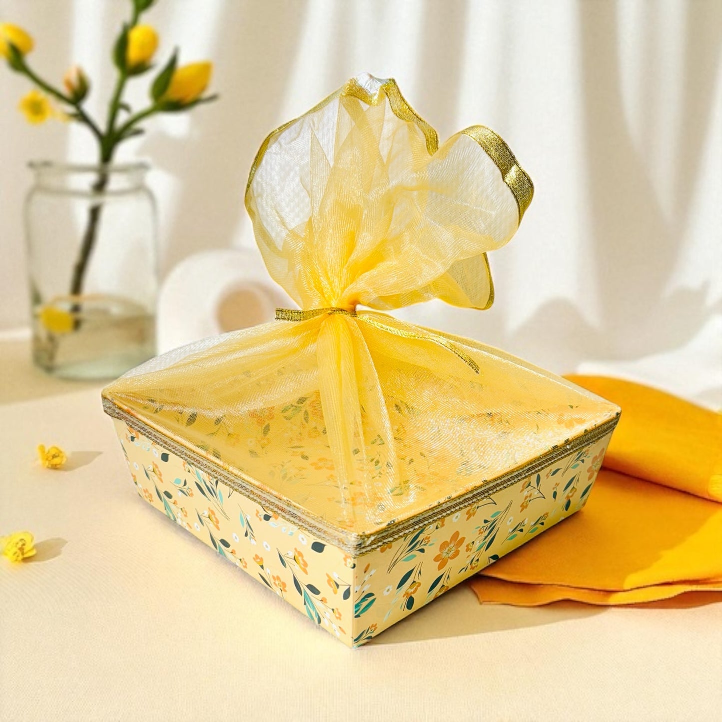 Orange Floral Square Cardboard Basket with net (Pack of 100)